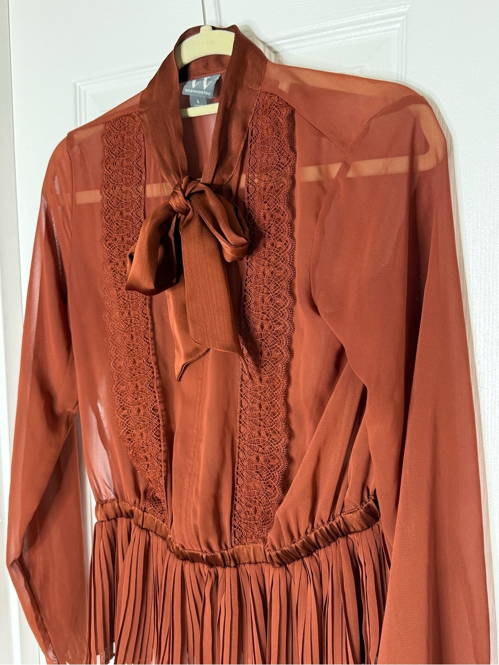 Worthington Tie-Neck Long Sleeve Blouse in Rust Brown